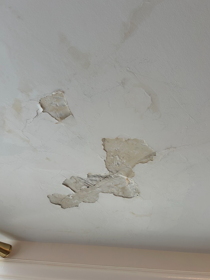 Plaster ceiling peeling and falling from water damage, Winnetka IL